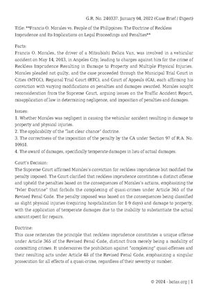 Reckless Imprudence; G.R. No. 240337. January 04, 2022 (Case .